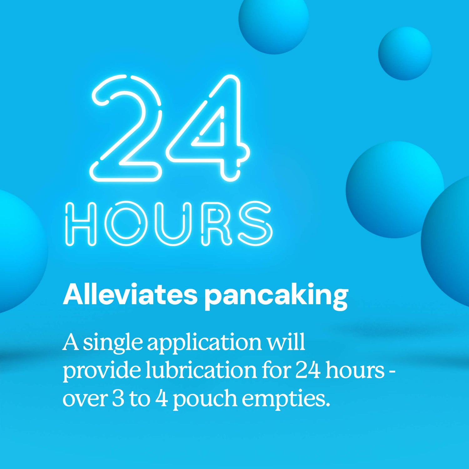 24 Hours. Alleviates pancaking. A single application will provide lubrication for 24 hours - over 3 to 4 pouch empties.